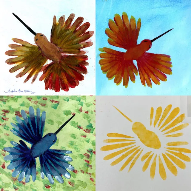 Hummingbird paintings by Angeline Marie Martinez for painting class examples