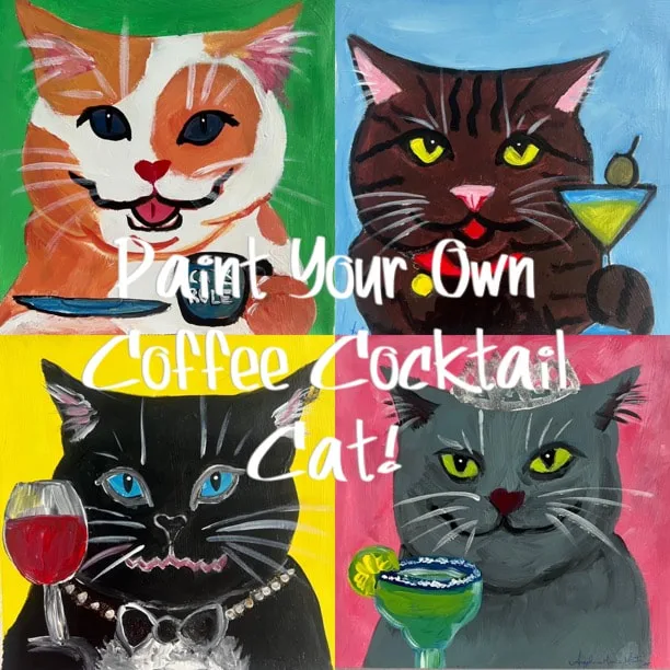 paintings of cats with cocktails or cafe by Angeline Marie Martinez